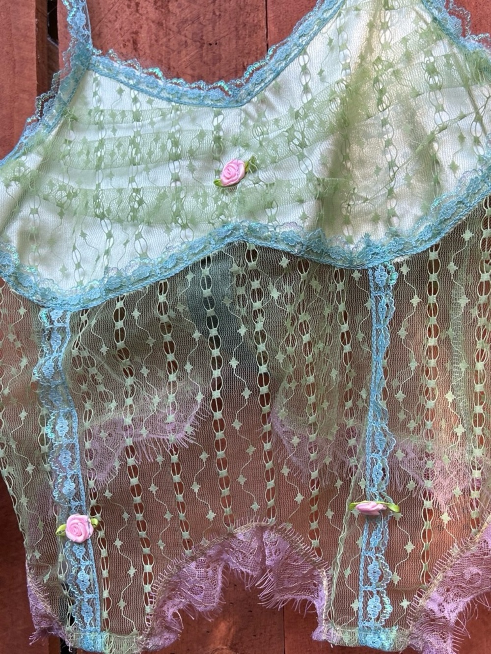 Sheer Vintage Fairy Lace Chemise Tank Slip with Pink Roses - Picture 3 of 5